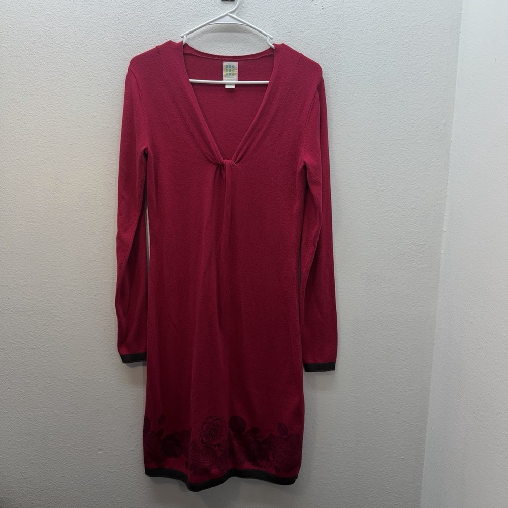 Title Nine Red‎ Knit Long Sleeve Sweater Dress Ruched Knot Floral Print SZ XS